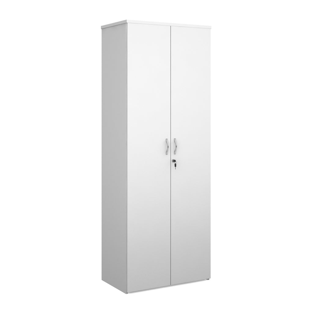 White lockable office cupboard with silver handles, shown on a white background.
