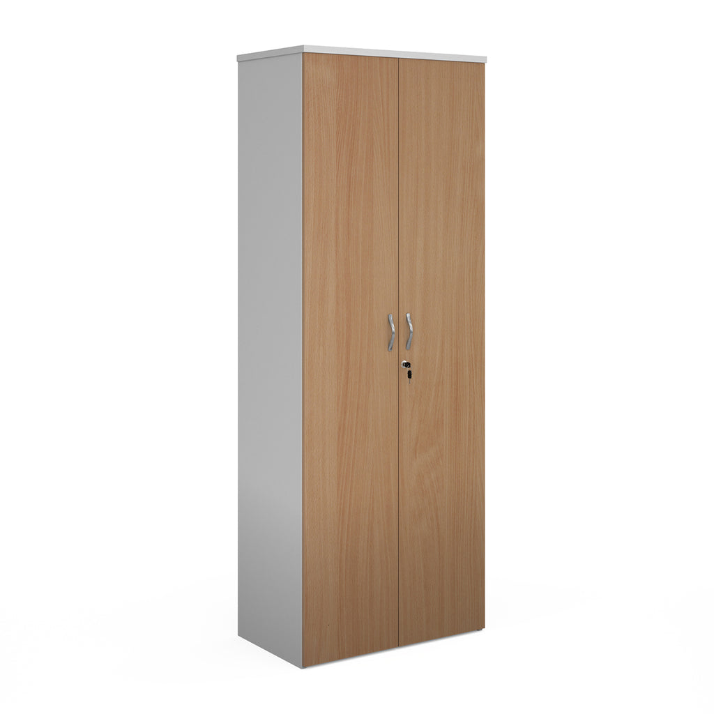 Lockable office cupboard with wood-effect doors and silver handles, shown on a white background.
