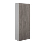 Lockable office cupboard with grey wood-effect doors and silver handles, shown on a white background.