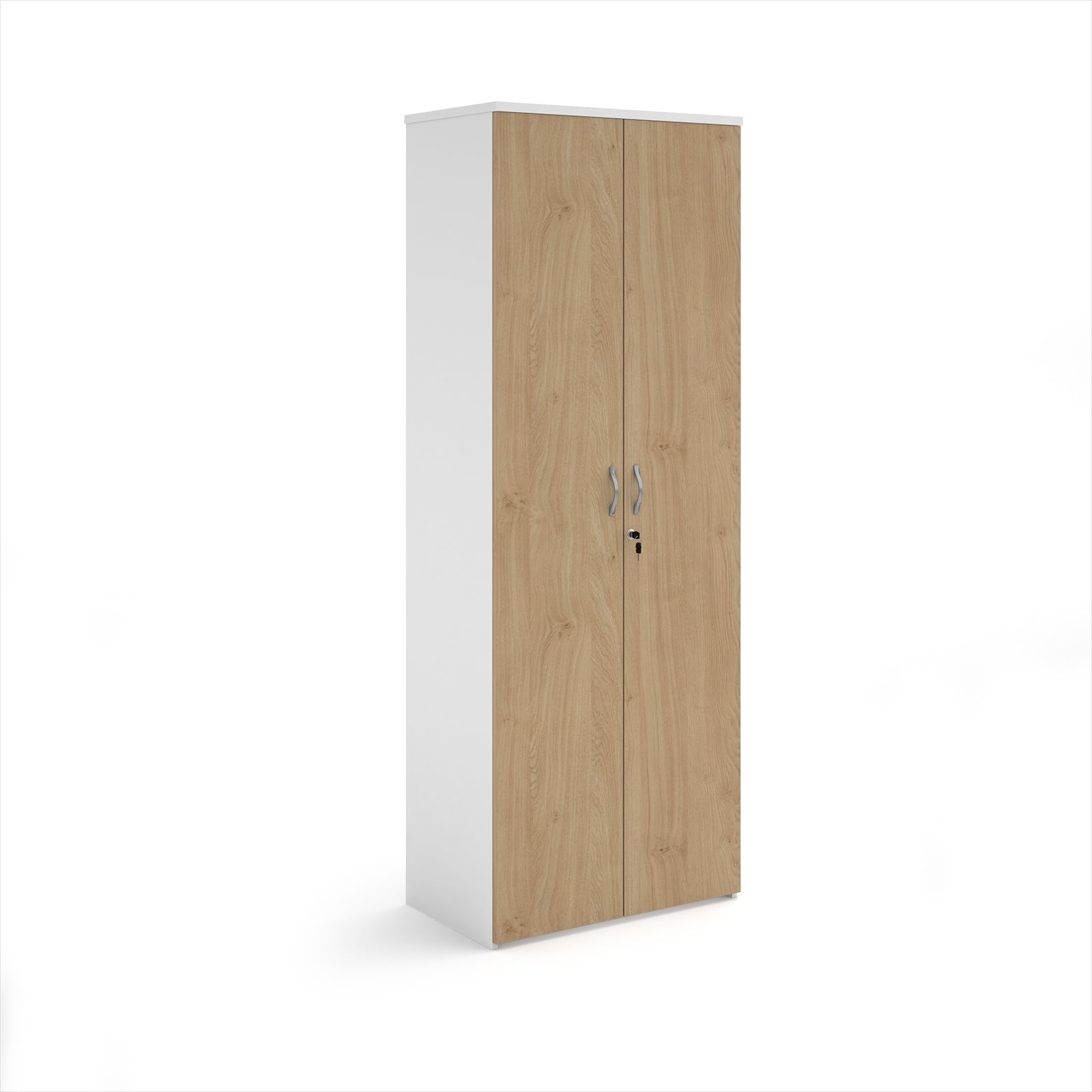 Lockable office cupboard with wood-effect doors and silver handles, shown on a white background.