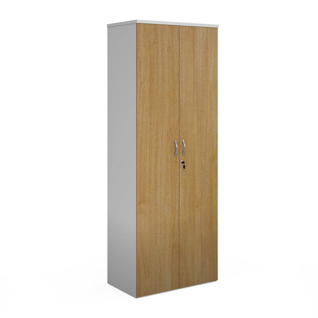 Lockable office cupboard with oak-effect doors and silver handles, shown on a white background.