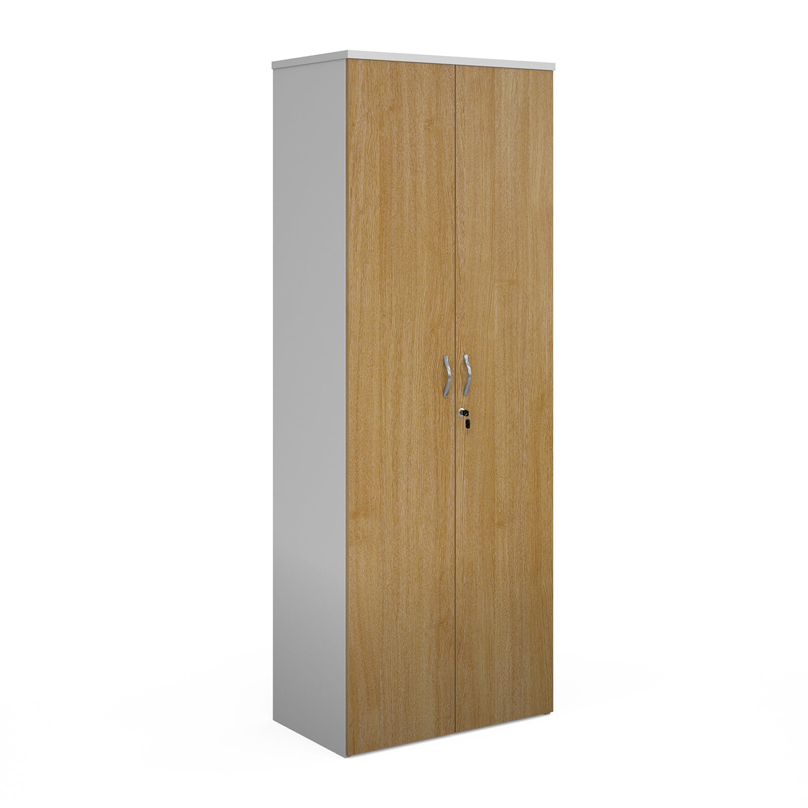 Lockable office cupboard with oak-effect doors and silver handles, shown on a white background.