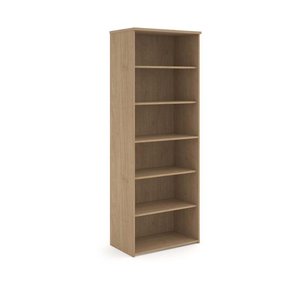 Wooden bookshelf with five shelves on a white background