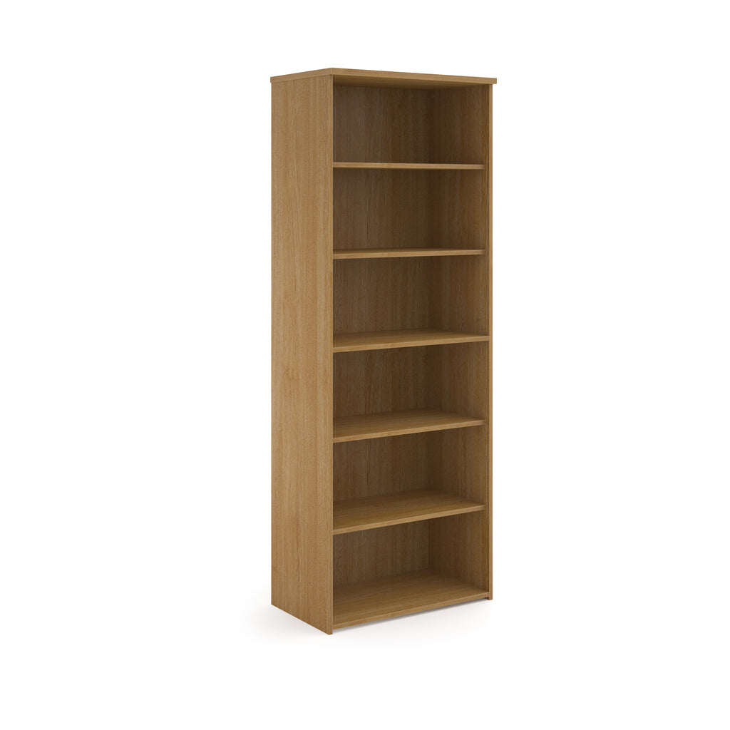 Wooden bookshelf with five shelves on a white background