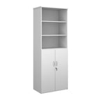 Tall office storage cupboard with a white carcass, open upper shelving, and lockable lower doors, shown on a white background.