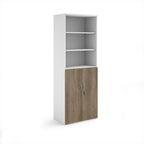 Tall office storage cupboard with a white carcass, open upper shelving, and lockable lower wood-effect doors, shown on a white background.