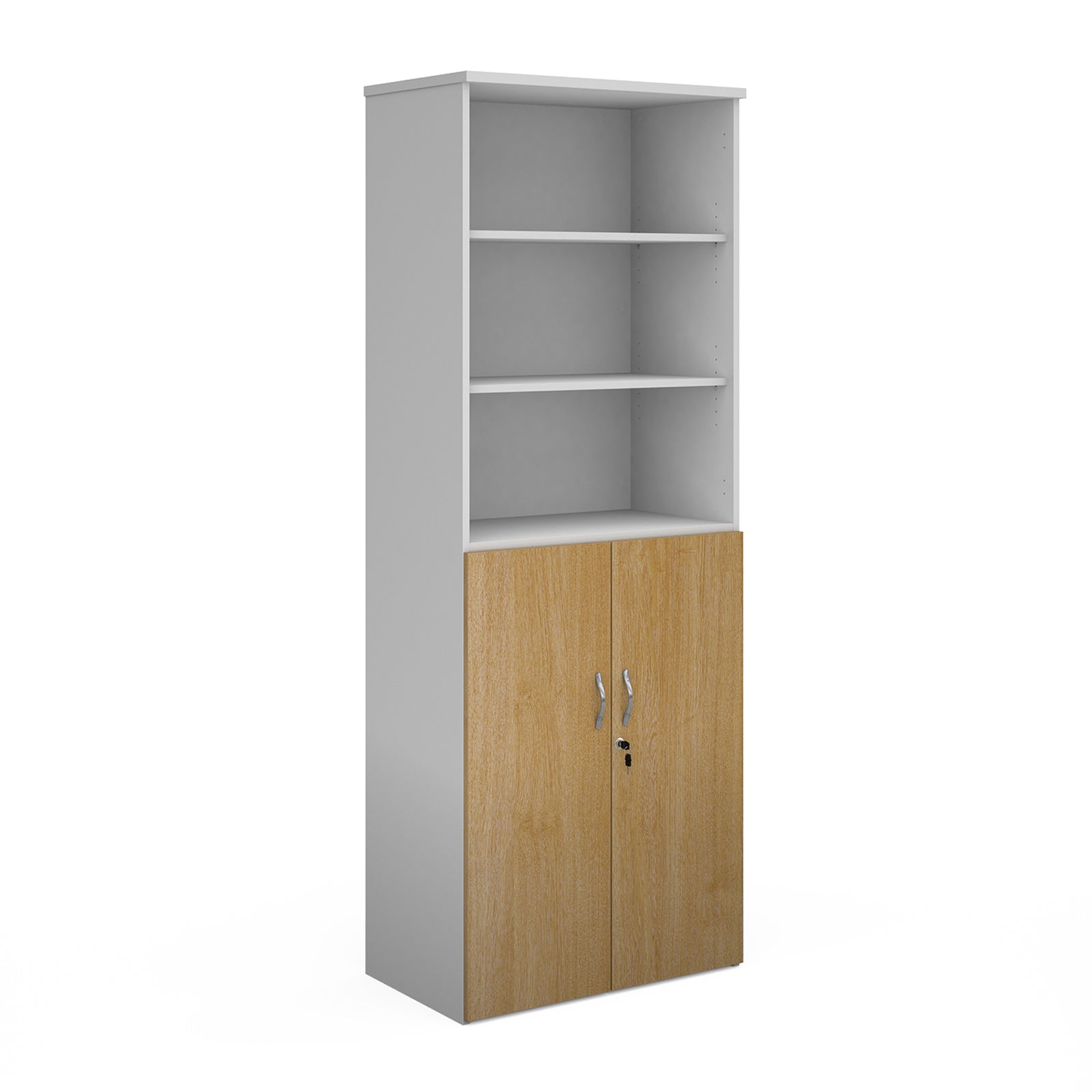 Tall office storage cupboard with a white carcass, open upper shelving, and lockable lower wood-effect doors, shown on a white background.