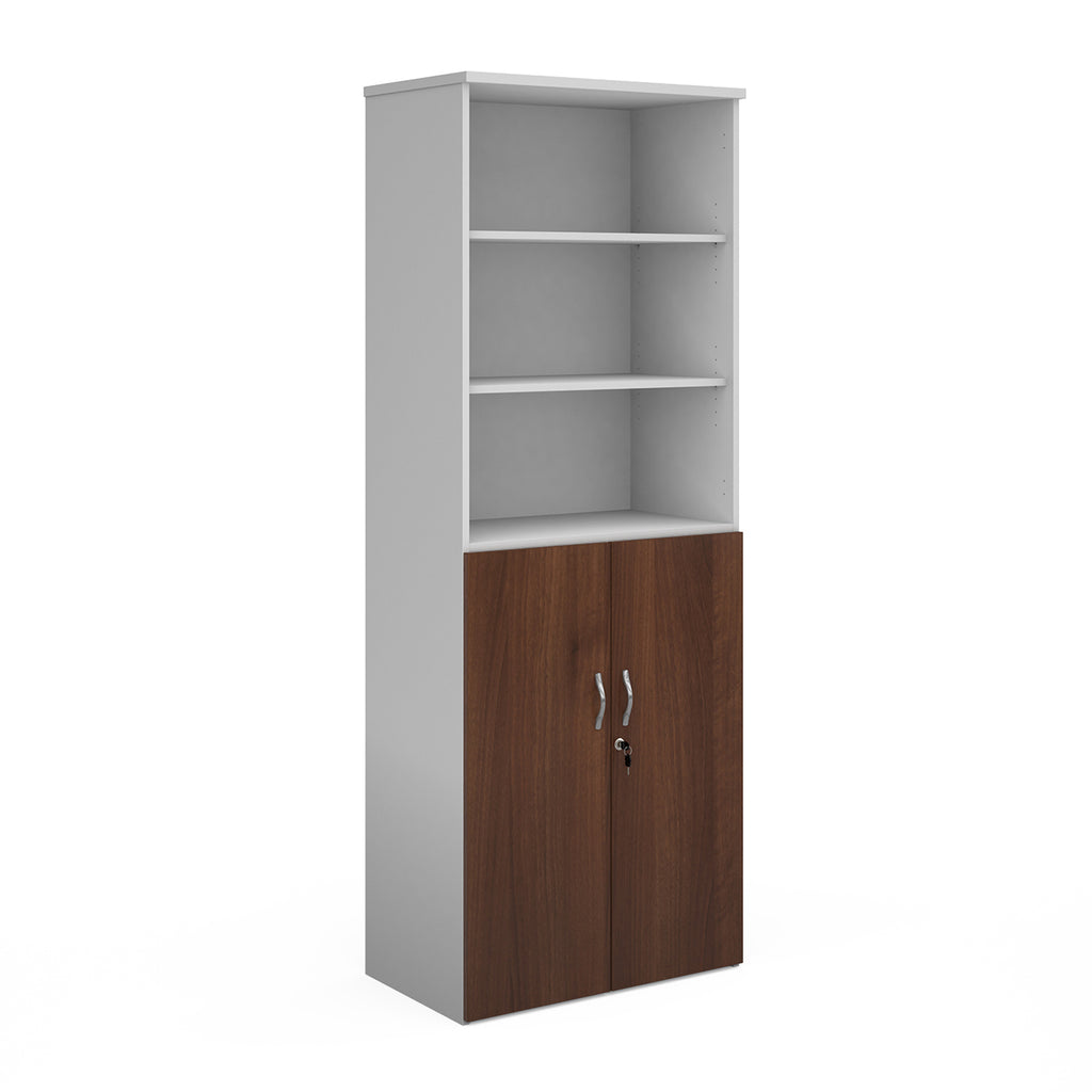 Tall office storage cupboard with a white carcass, open upper shelving, and lockable lower dark wood-effect doors, shown on a white background.