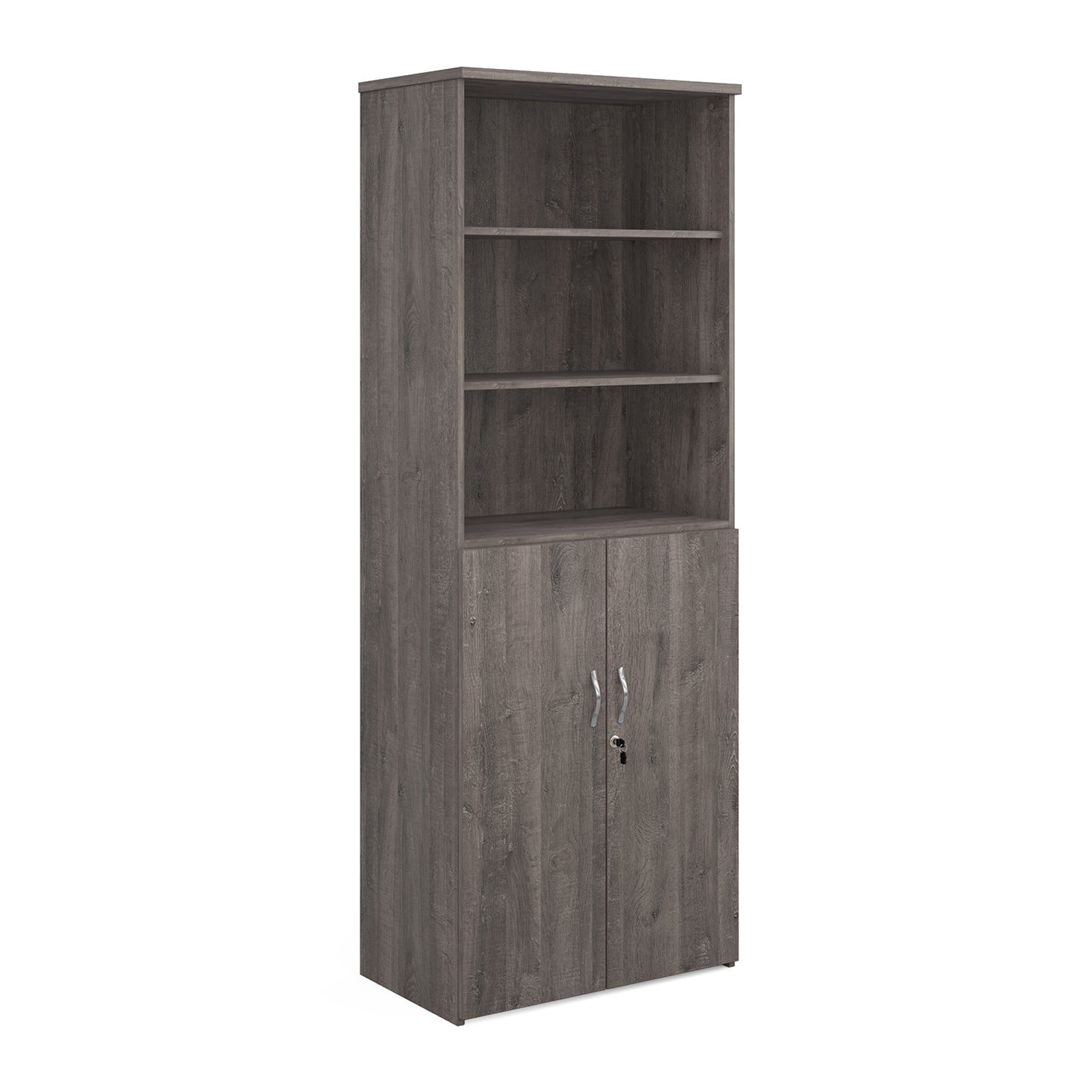 Tall office storage cupboard with a grey wood-effect finish, open upper shelving, and lockable lower doors, shown on a white background.