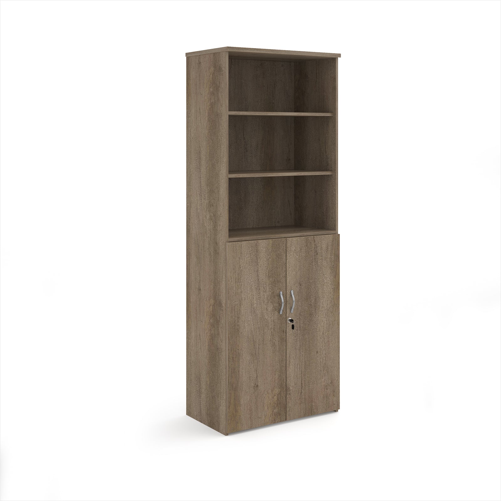 Tall office storage cupboard with a wood-effect finish, open upper shelving, and lockable lower doors, shown on a white background.