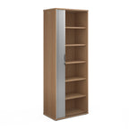 Wooden bookshelf with a metallic door on a white background