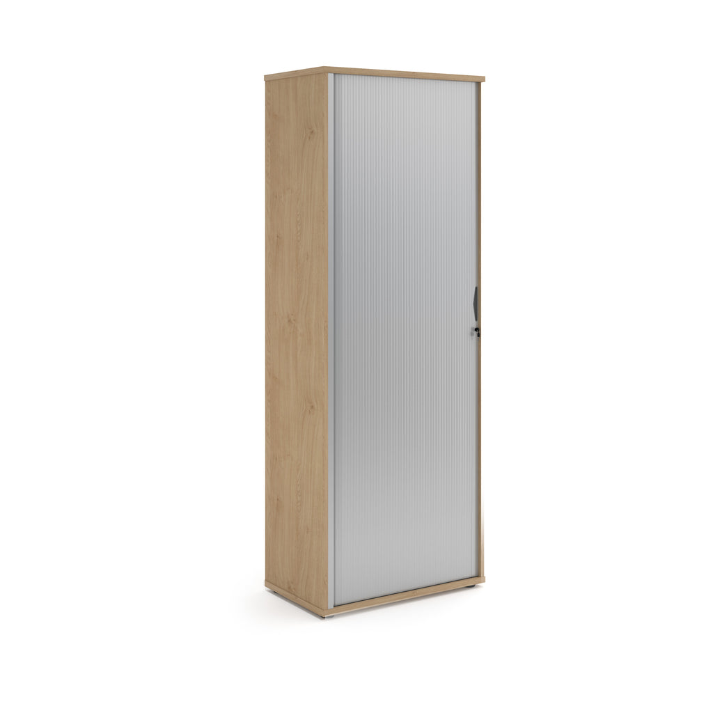 Tall wooden cabinet with a glass door on a white background