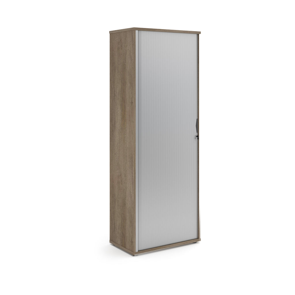 Tall cabinet with a sliding glass door on a white background