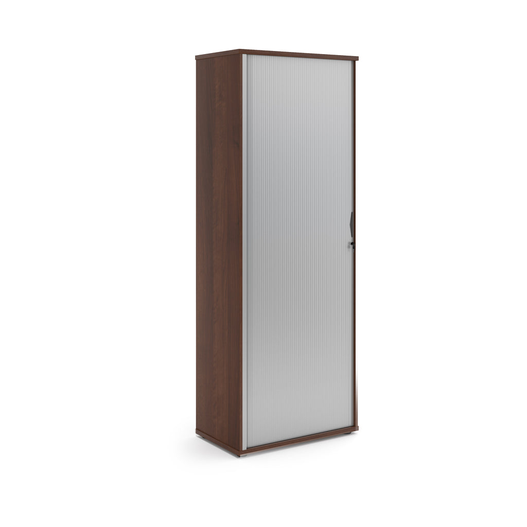 Tall wooden cabinet with a glass door on a white background