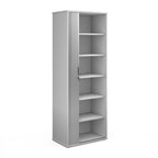 Grey metal bookshelf with five shelves on a white background