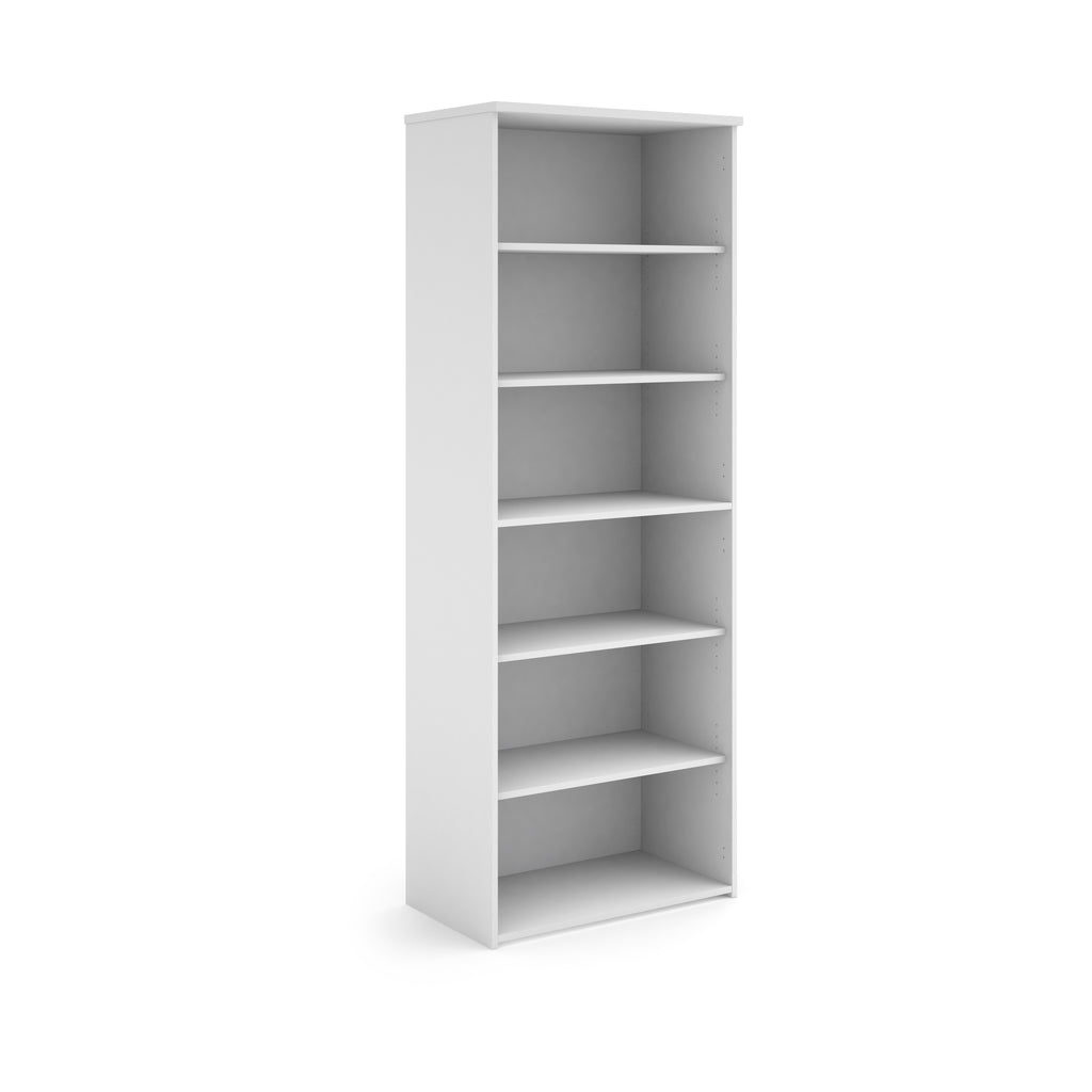 White bookshelf with five shelves on a white background