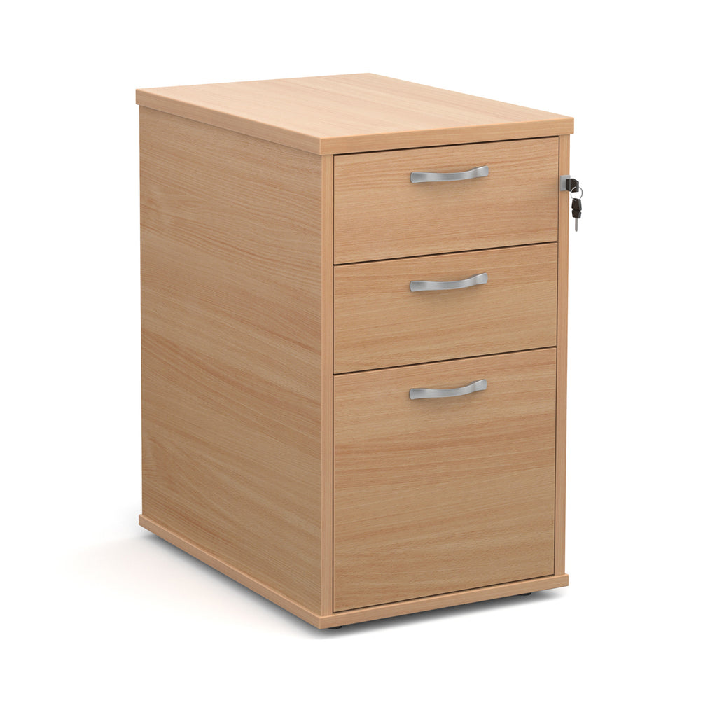 Wooden file cabinet with three drawers on a white background