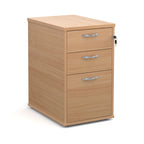 Wooden file cabinet with three drawers on a white background