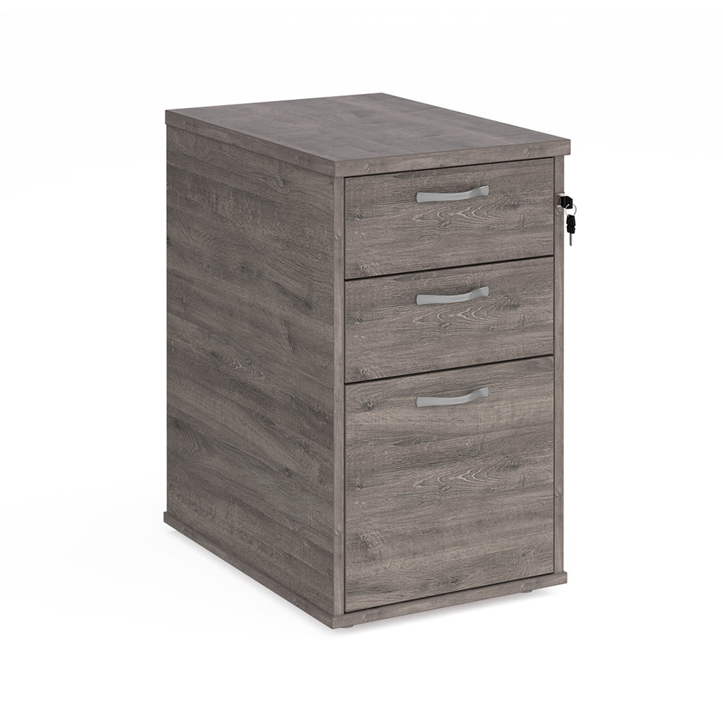 Grey wooden file cabinet with three drawers on a white background