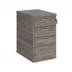 Grey wooden file cabinet with three drawers on a white background