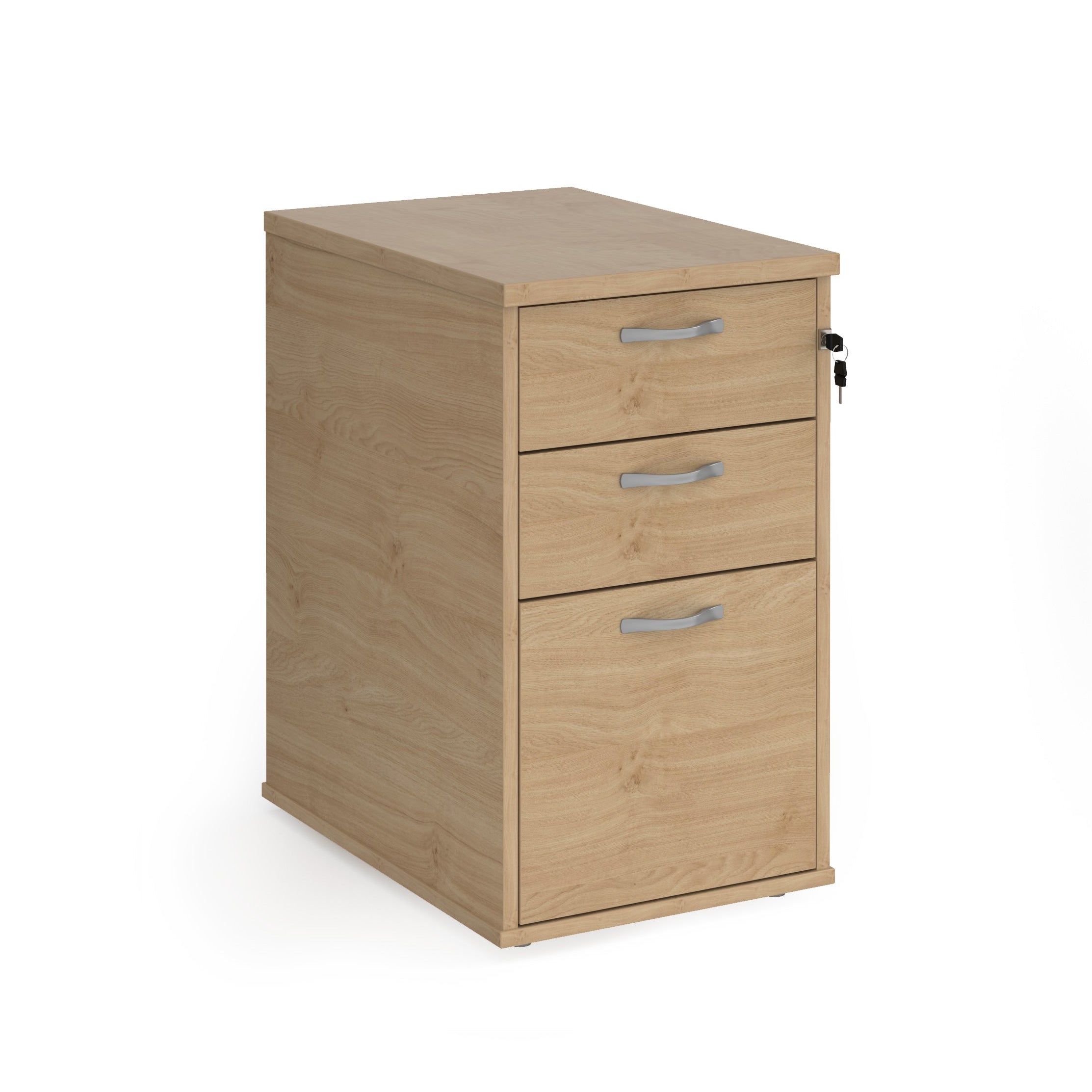 Wooden filing cabinet with three drawers on a white background