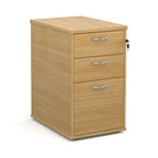 Wooden file cabinet with three drawers on a white background