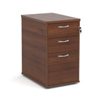 Wooden file cabinet with three drawers on a white background