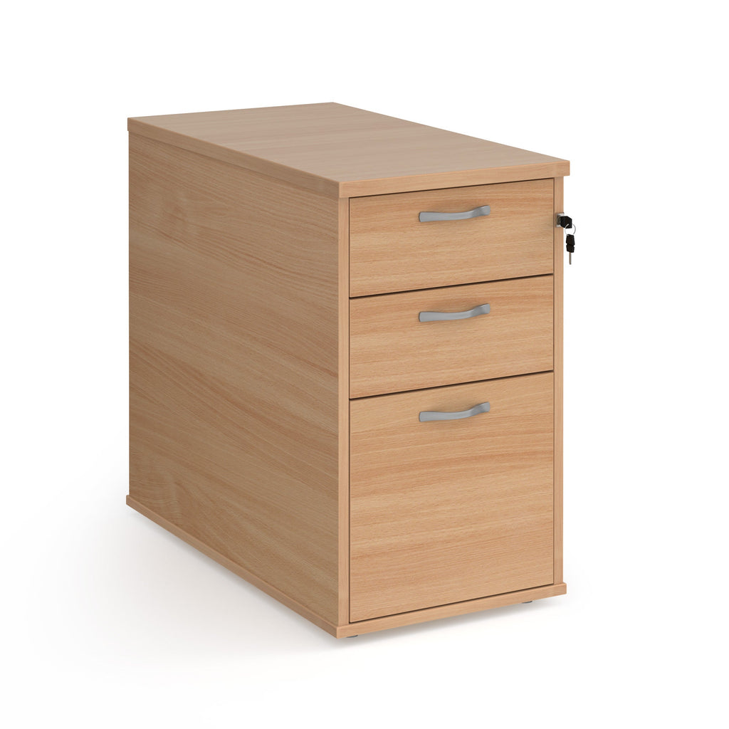 Wooden filing cabinet with three drawers on a white background