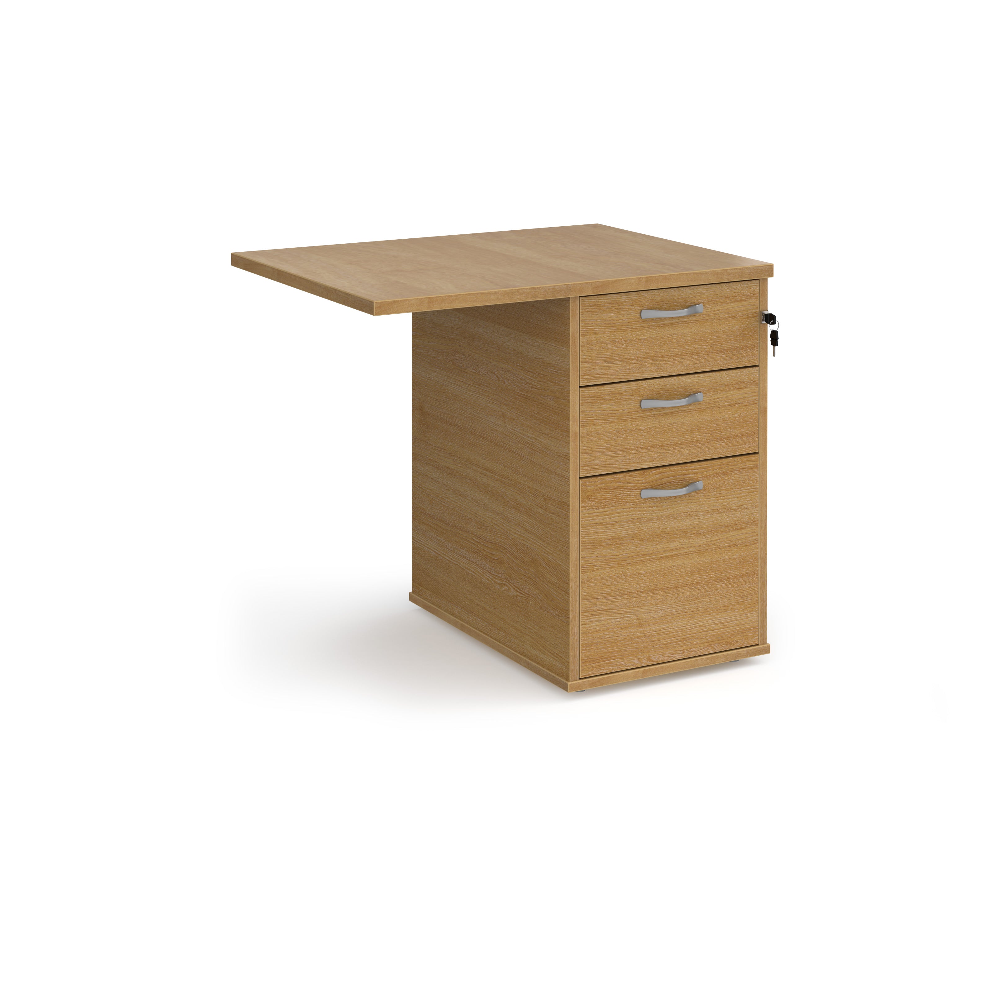 Desk extension with a wood-effect finish, integrated three-drawer pedestal, shown on a white background.