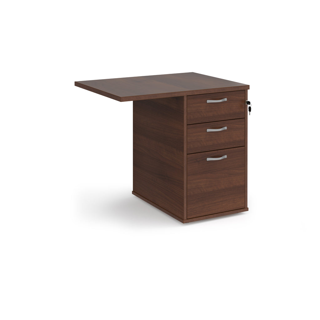 Desk extension with a dark wood-effect finish, integrated three-drawer pedestal, shown on a white background.