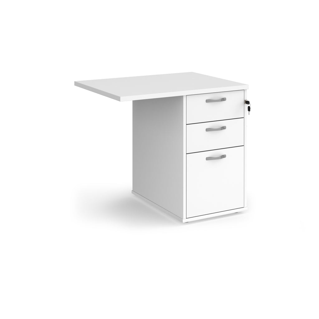 Desk extension with a white finish, integrated three-drawer pedestal, shown on a white background.