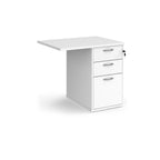 Desk extension with a white finish, integrated three-drawer pedestal, shown on a white background.