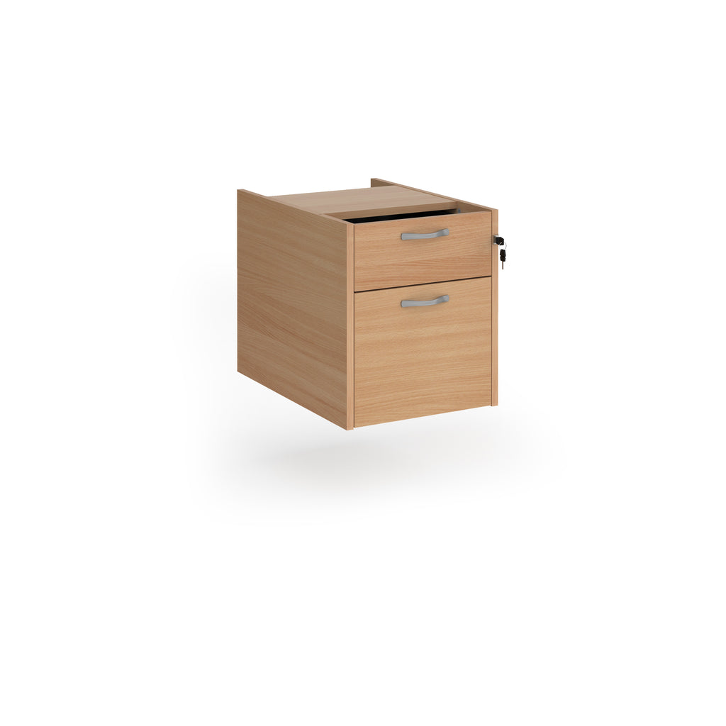 Under-desk two-drawer pedestal with a wood-effect finish and lockable drawers, shown on a white background.