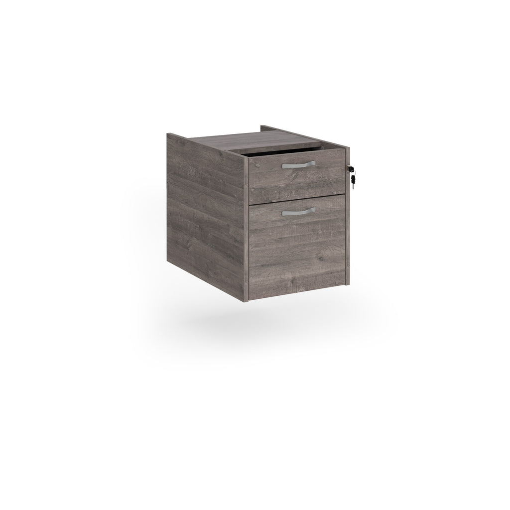 Under-desk two-drawer pedestal with a wood-effect finish and lockable drawers, shown on a white background.