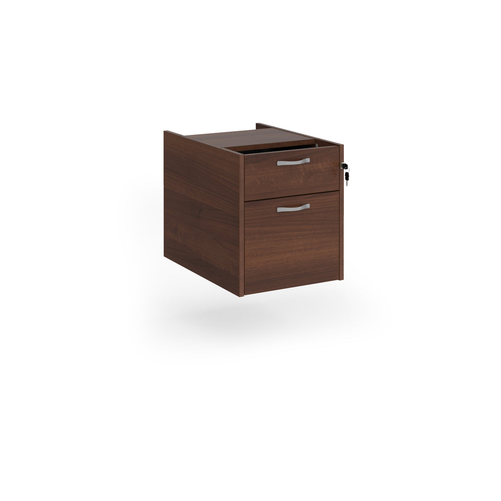 Under-desk two-drawer pedestal with a dark wood-effect finish and lockable drawers, shown on a white background.