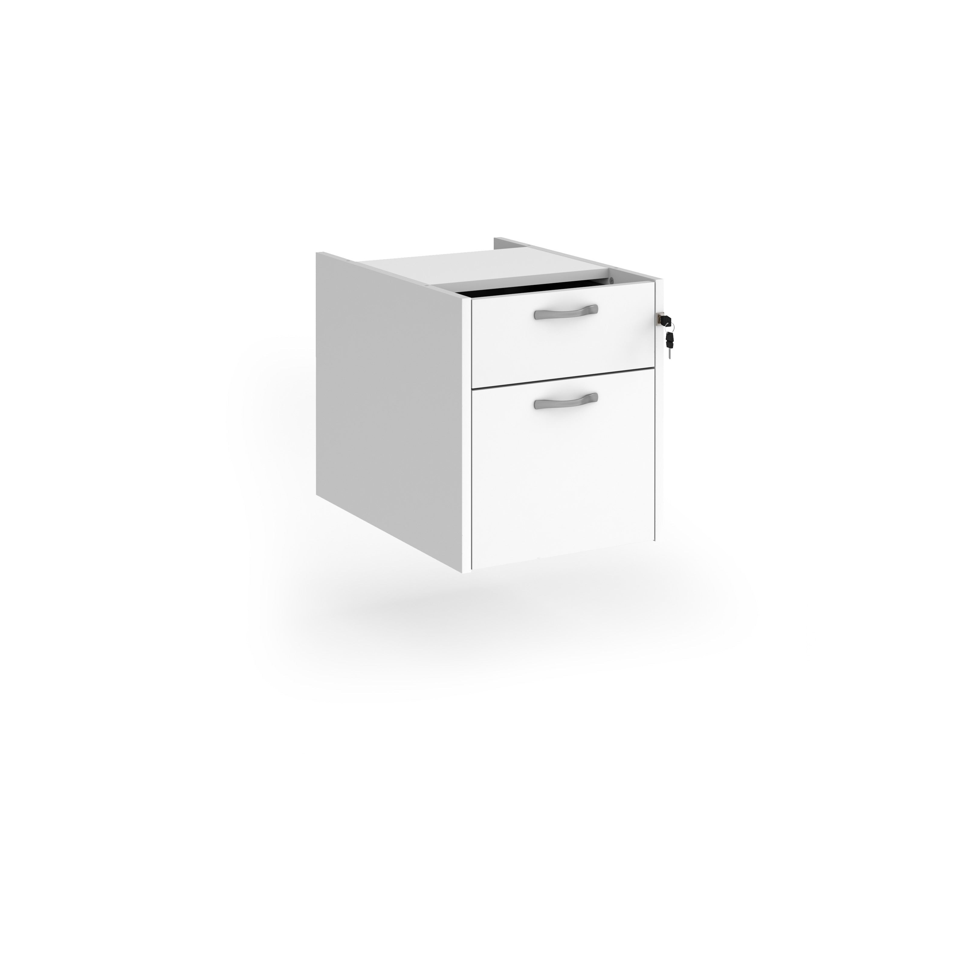 Under-desk two-drawer pedestal with a white finish and lockable drawers, shown on a white background.