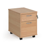 Wooden file cabinet with two drawers on wheels against a white background