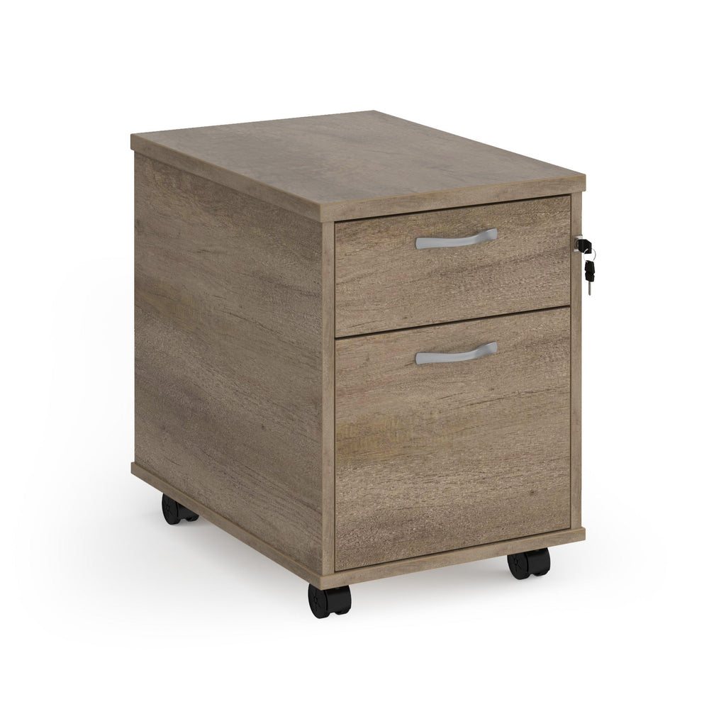 Wooden file cabinet with two drawers on wheels against a white background