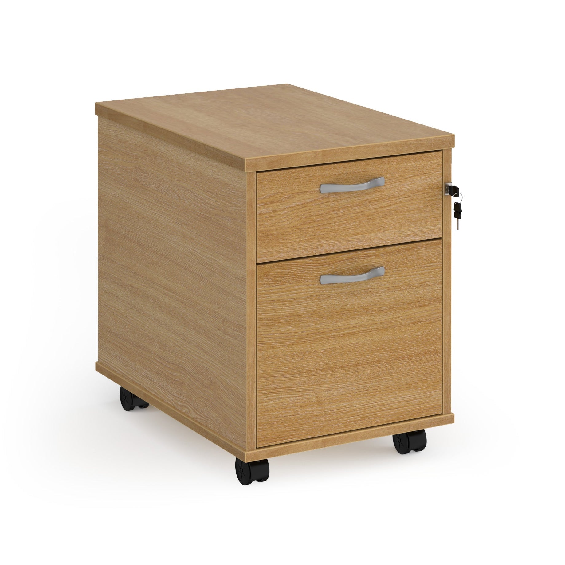 Wooden file cabinet with two drawers on wheels against a white background