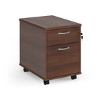 Wooden file cabinet with two drawers on wheels against a white background