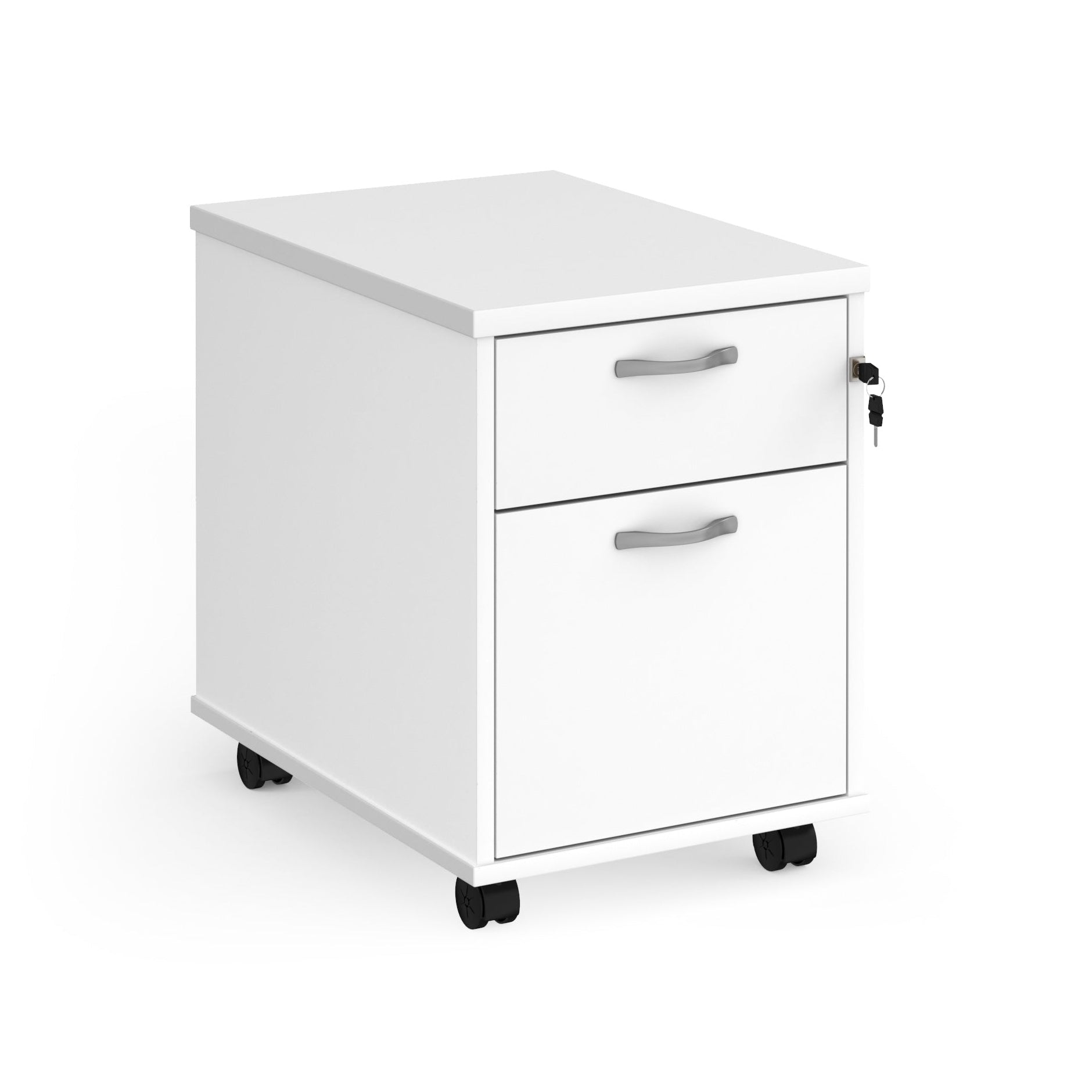White two-drawer filing cabinet on wheels with silver handles on a white background