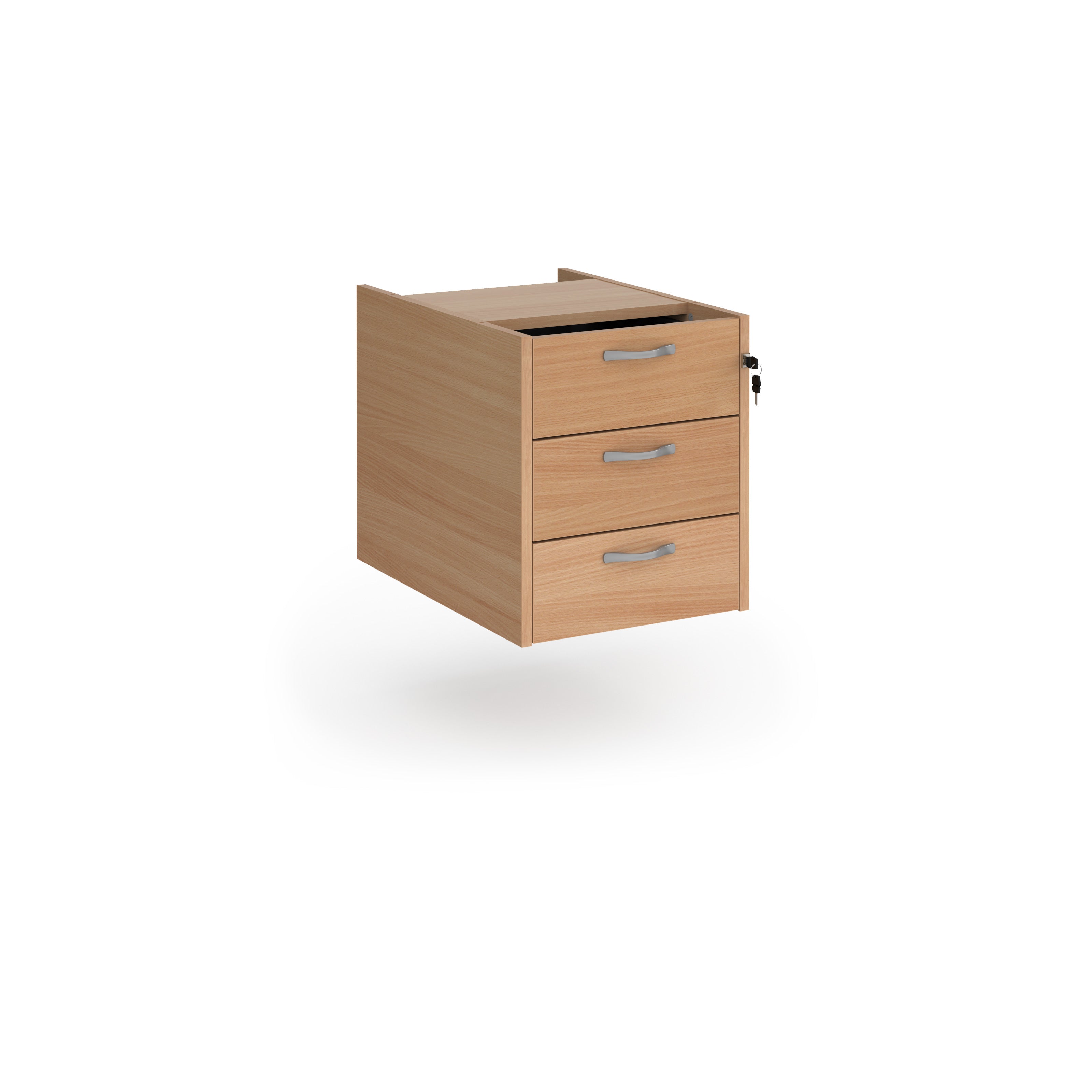 Under-desk three-drawer pedestal with a wood-effect finish and lockable drawers, shown on a white background.