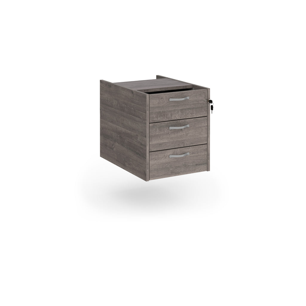 Under-desk three-drawer pedestal with a grey wood-effect finish and lockable drawers, shown on a white background.