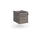 Under-desk three-drawer pedestal with a grey wood-effect finish and lockable drawers, shown on a white background.
