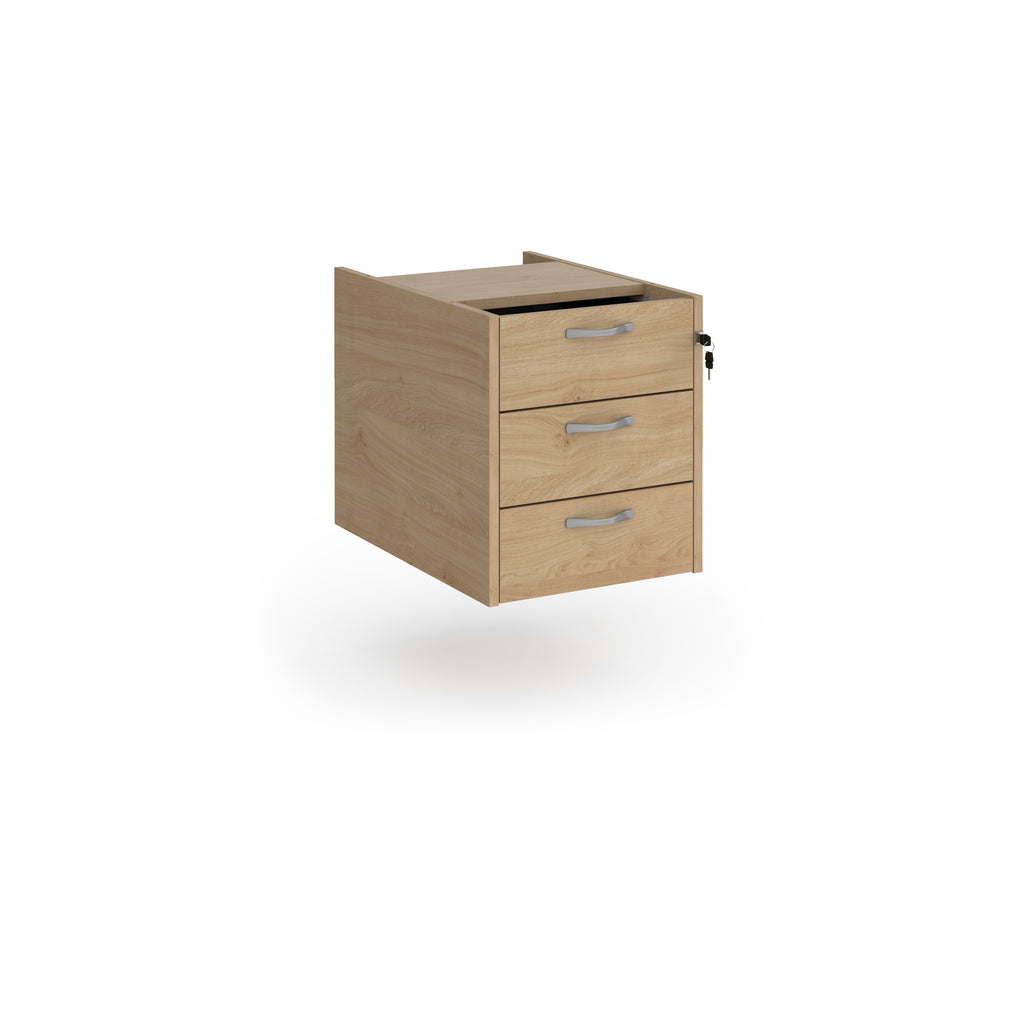 Under-desk three-drawer pedestal with a wood-effect finish and lockable drawers, shown on a white background.
