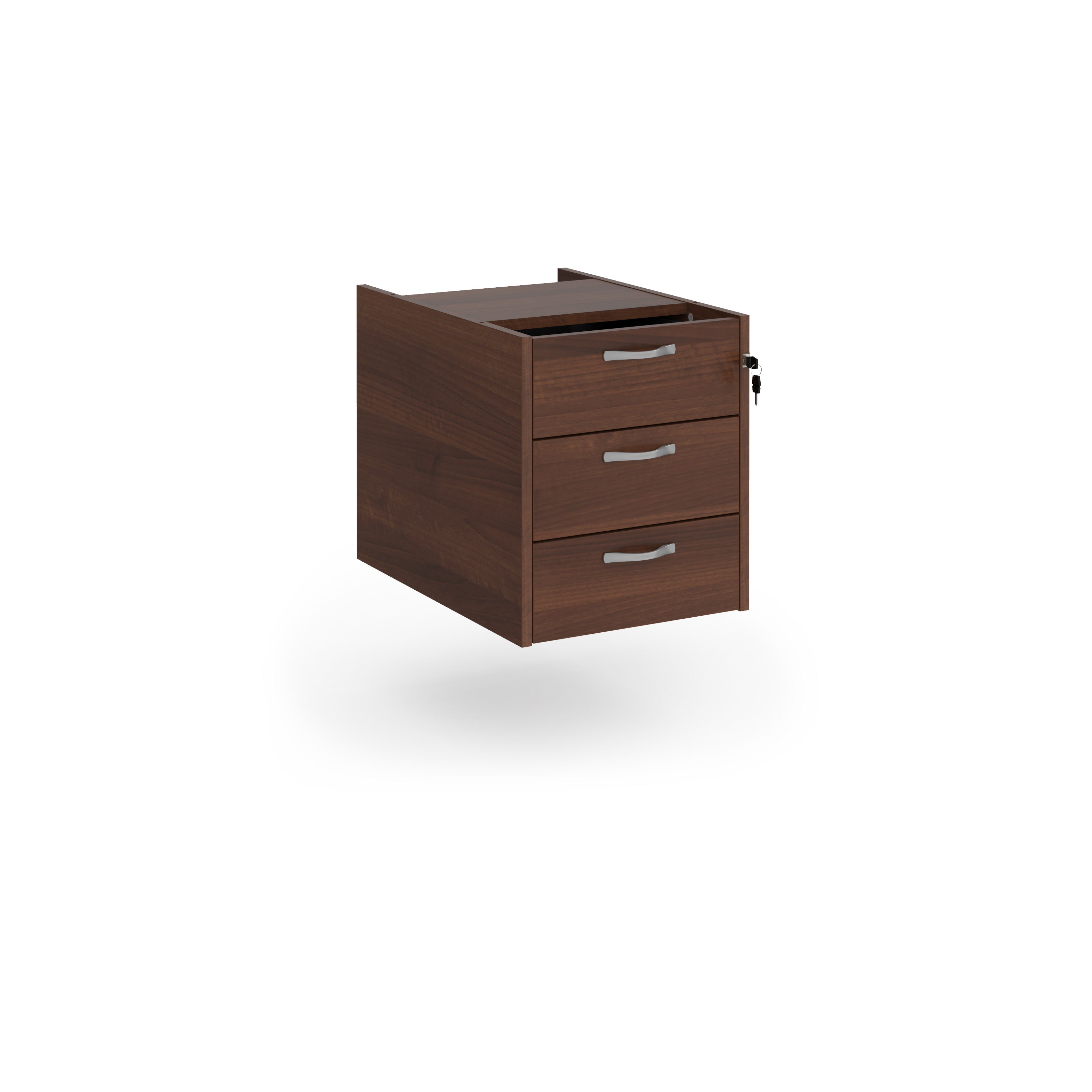 Under-desk three-drawer pedestal with a dark wood-effect finish and lockable drawers, shown on a white background.