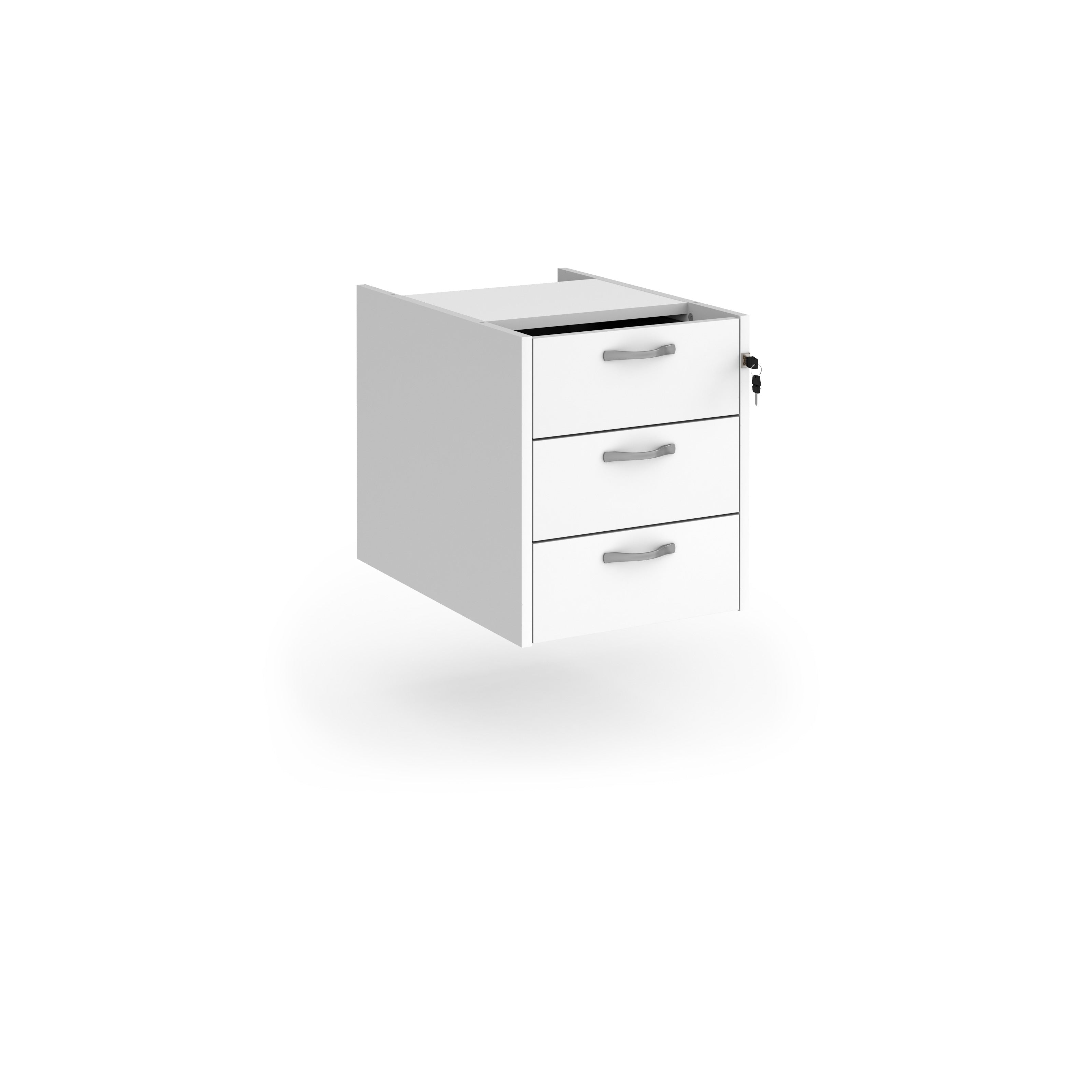 Under-desk three-drawer pedestal with a white finish and lockable drawers, shown on a white background.