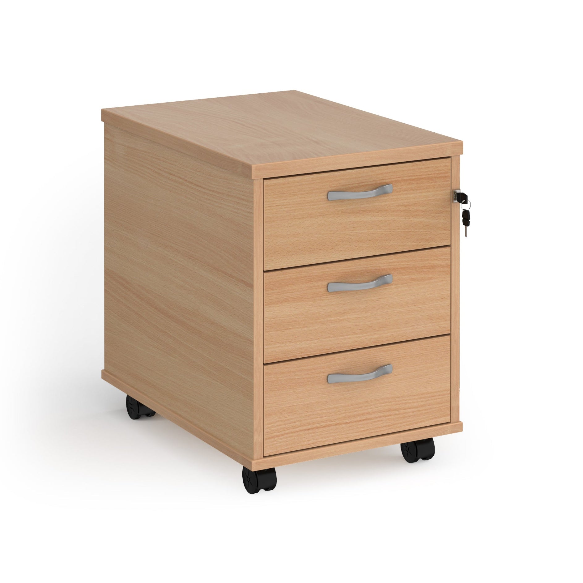 Wooden file cabinet with three drawers on wheels against a white background