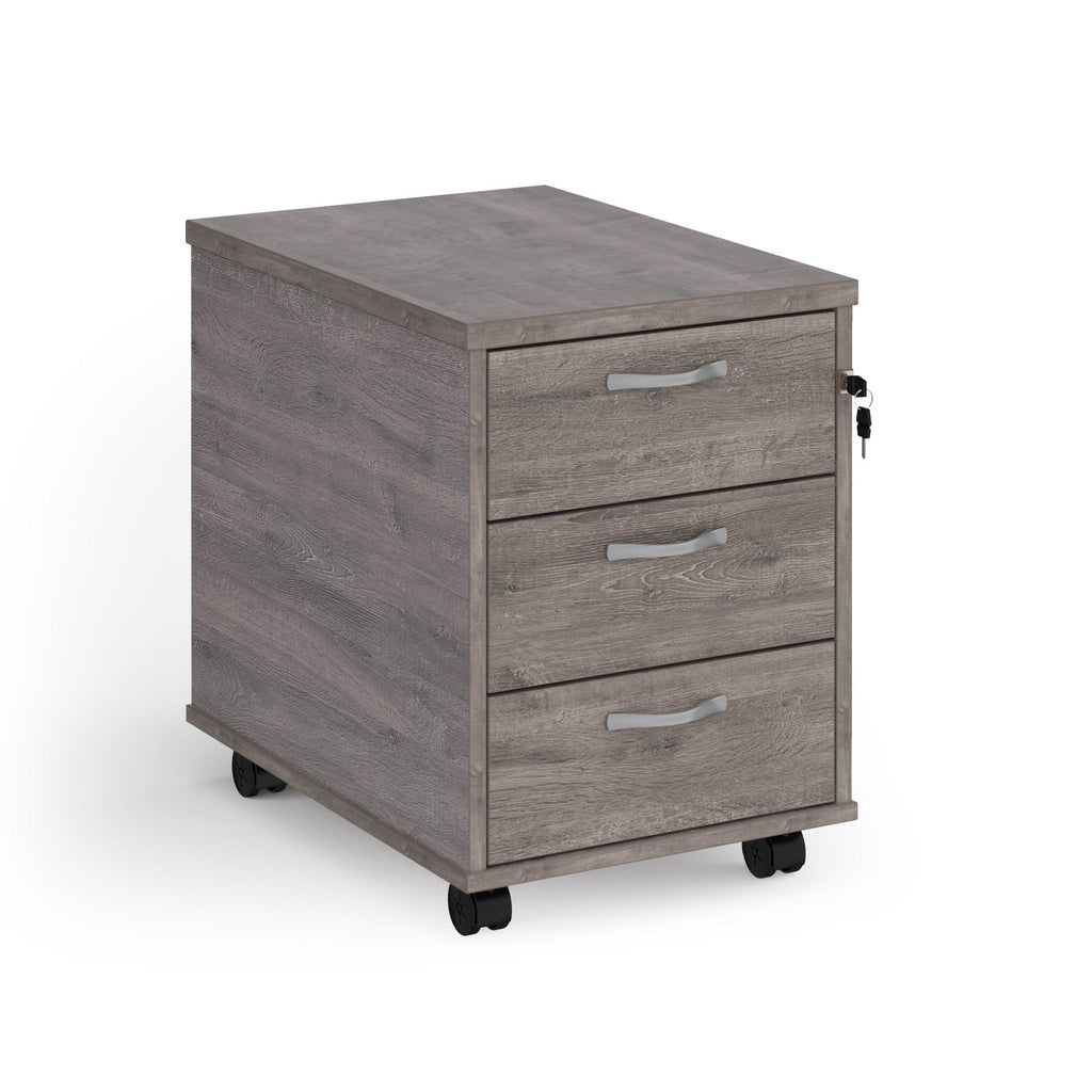 Grey wooden file cabinet with three drawers on wheels against a white background