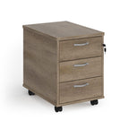 Wooden file cabinet with three drawers on wheels against a white background